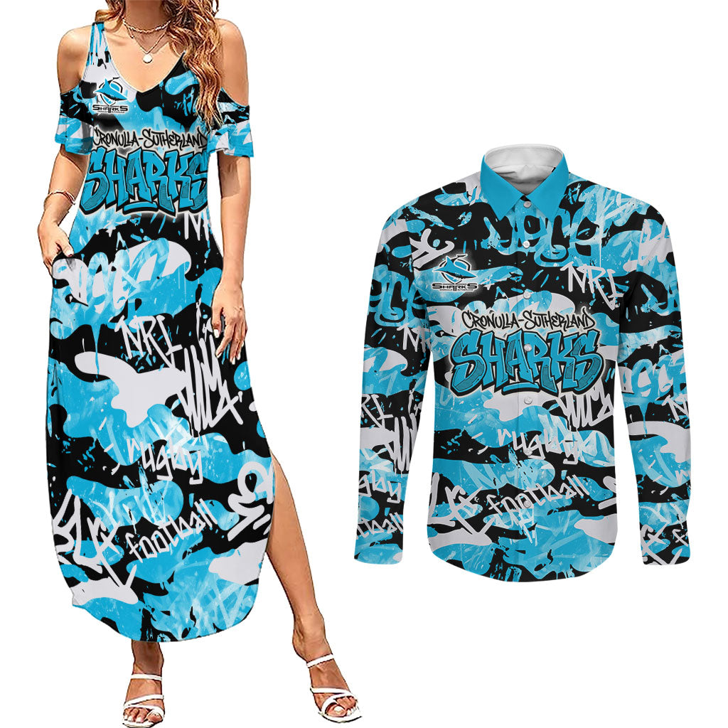 Cronulla-Sutherland Sharks Rugby Couples Matching Summer Maxi Dress and Long Sleeve Button Shirt Graffiti Typography Urban Camo Abstract Street Style