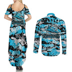 Cronulla-Sutherland Sharks Rugby Couples Matching Summer Maxi Dress and Long Sleeve Button Shirt Graffiti Typography Urban Camo Abstract Street Style