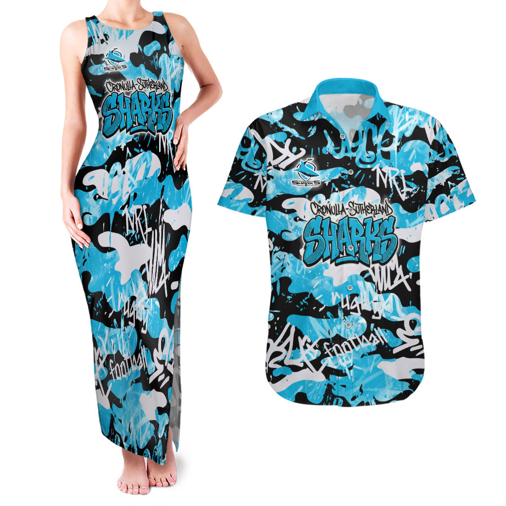 Cronulla-Sutherland Sharks Rugby Couples Matching Tank Maxi Dress and Hawaiian Shirt Graffiti Typography Urban Camo Abstract Street Style