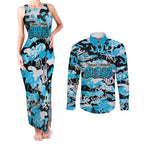 Cronulla-Sutherland Sharks Rugby Couples Matching Tank Maxi Dress and Long Sleeve Button Shirt Graffiti Typography Urban Camo Abstract Street Style