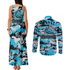 Cronulla-Sutherland Sharks Rugby Couples Matching Tank Maxi Dress and Long Sleeve Button Shirt Graffiti Typography Urban Camo Abstract Street Style