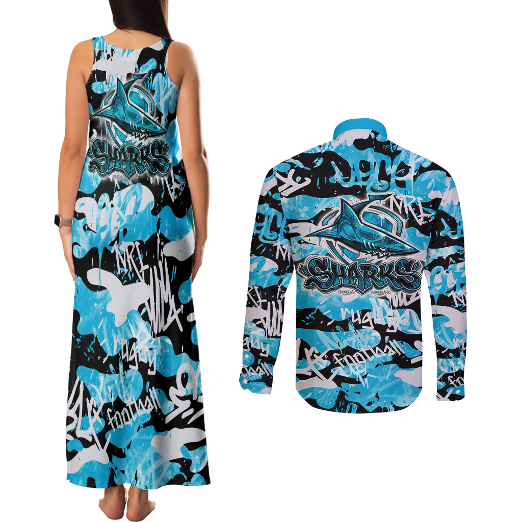 Cronulla-Sutherland Sharks Rugby Couples Matching Tank Maxi Dress and Long Sleeve Button Shirt Graffiti Typography Urban Camo Abstract Street Style