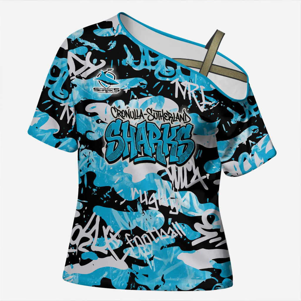 Cronulla-Sutherland Sharks Rugby Cross Shoulder Shirt Graffiti Typography Urban Camo Abstract Street Style