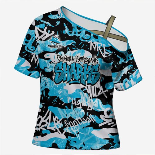 Cronulla-Sutherland Sharks Rugby Cross Shoulder Shirt Graffiti Typography Urban Camo Abstract Street Style