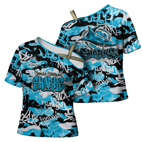 Cronulla-Sutherland Sharks Rugby Cross Shoulder Shirt Graffiti Typography Urban Camo Abstract Street Style