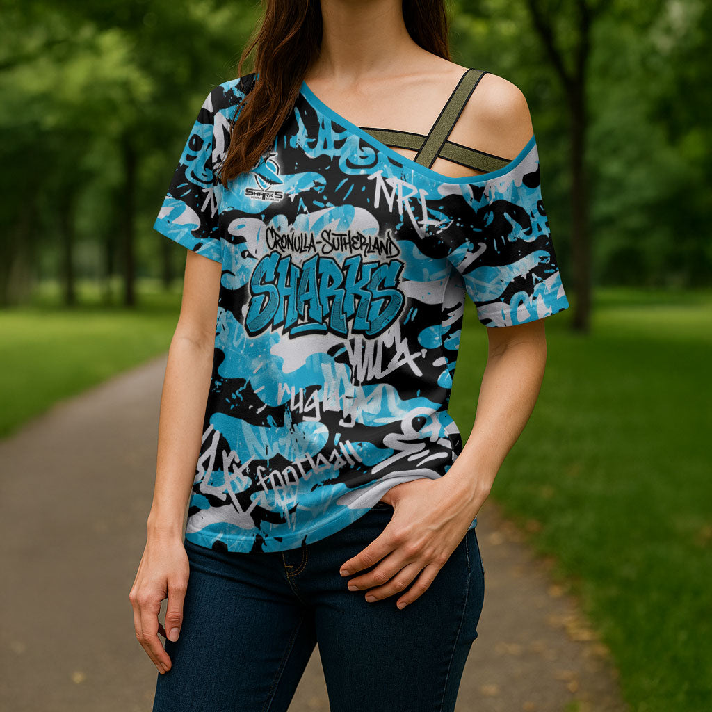 Cronulla-Sutherland Sharks Rugby Cross Shoulder Shirt Graffiti Typography Urban Camo Abstract Street Style