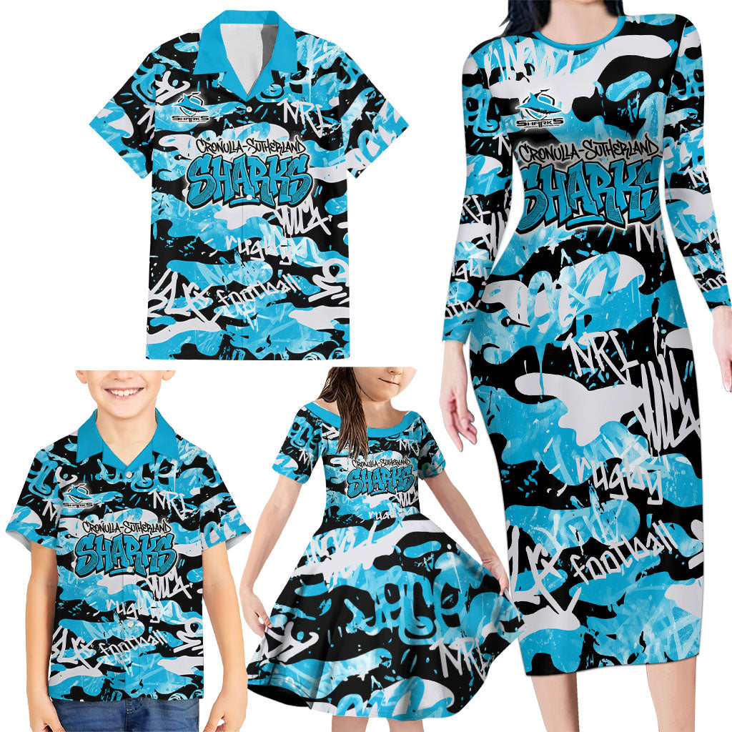 Cronulla-Sutherland Sharks Rugby Family Matching Long Sleeve Bodycon Dress and Hawaiian Shirt Graffiti Typography Urban Camo Abstract Street Style