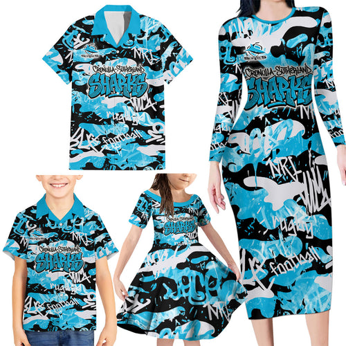 Cronulla-Sutherland Sharks Rugby Family Matching Long Sleeve Bodycon Dress and Hawaiian Shirt Graffiti Typography Urban Camo Abstract Street Style
