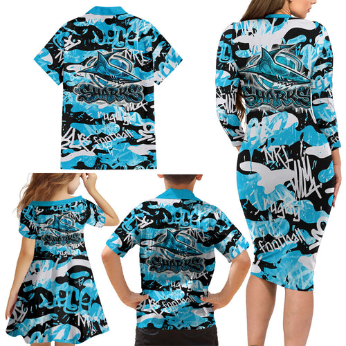 Cronulla-Sutherland Sharks Rugby Family Matching Long Sleeve Bodycon Dress and Hawaiian Shirt Graffiti Typography Urban Camo Abstract Street Style