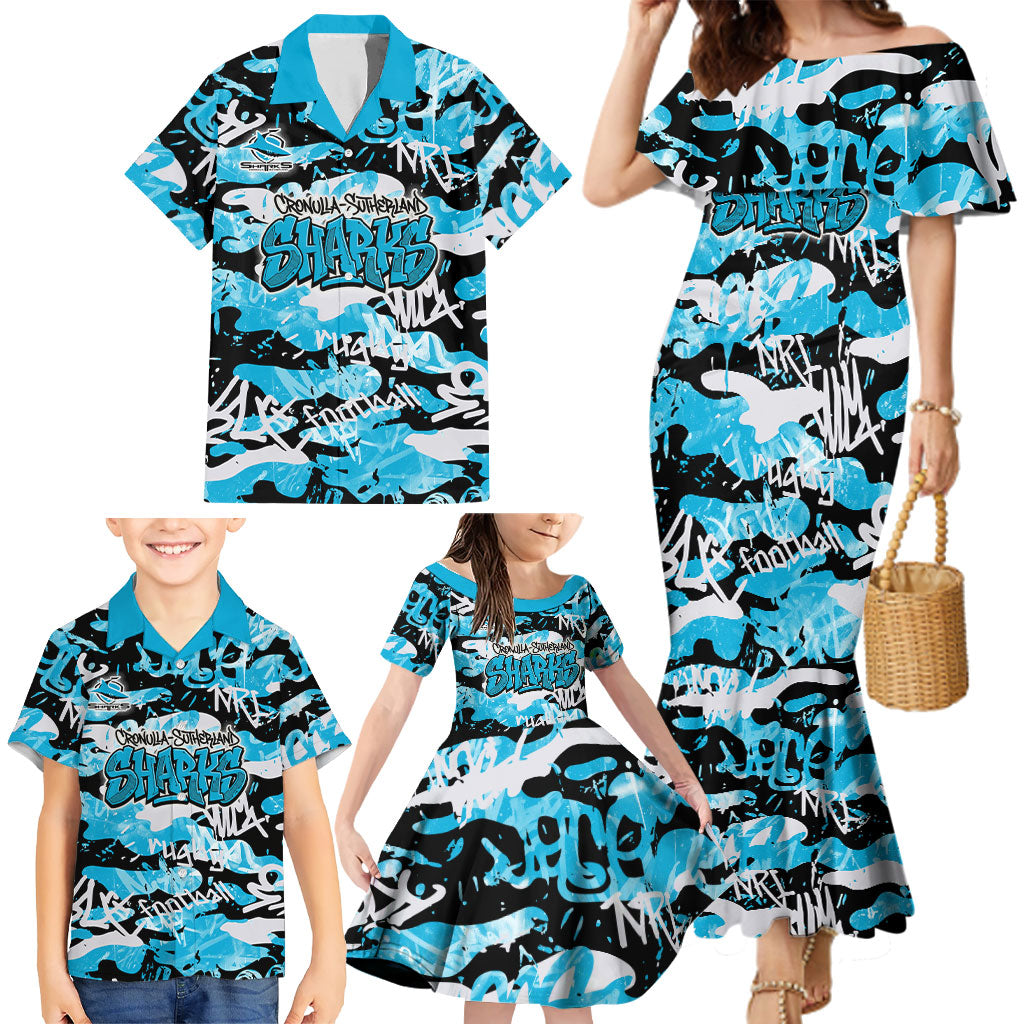 Cronulla-Sutherland Sharks Rugby Family Matching Mermaid Dress and Hawaiian Shirt Graffiti Typography Urban Camo Abstract Street Style