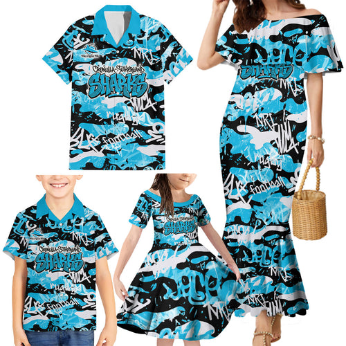 Cronulla-Sutherland Sharks Rugby Family Matching Mermaid Dress and Hawaiian Shirt Graffiti Typography Urban Camo Abstract Street Style