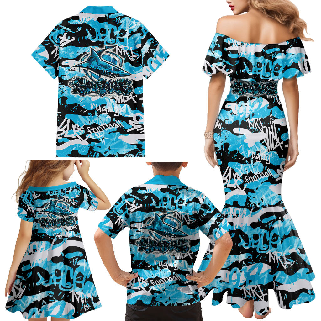 Cronulla-Sutherland Sharks Rugby Family Matching Mermaid Dress and Hawaiian Shirt Graffiti Typography Urban Camo Abstract Street Style
