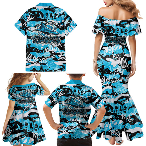 Cronulla-Sutherland Sharks Rugby Family Matching Mermaid Dress and Hawaiian Shirt Graffiti Typography Urban Camo Abstract Street Style