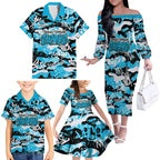 Cronulla-Sutherland Sharks Rugby Family Matching Off The Shoulder Long Sleeve Dress and Hawaiian Shirt Graffiti Typography Urban Camo Abstract Street Style