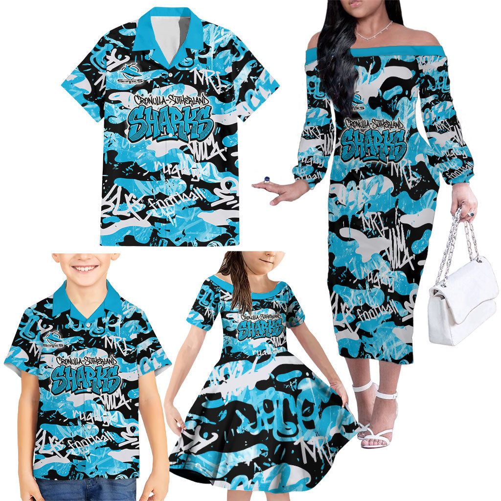 Cronulla-Sutherland Sharks Rugby Family Matching Off The Shoulder Long Sleeve Dress and Hawaiian Shirt Graffiti Typography Urban Camo Abstract Street Style