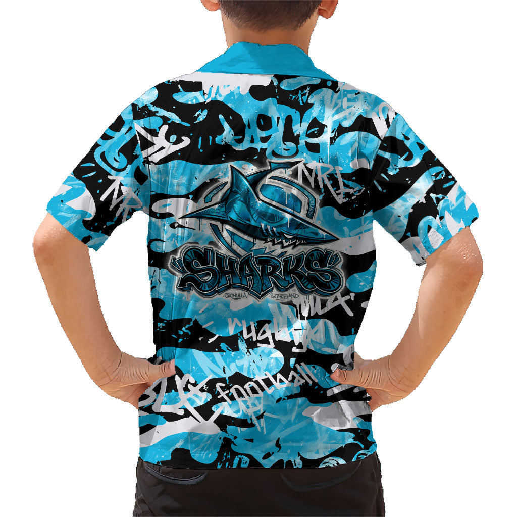Cronulla-Sutherland Sharks Rugby Family Matching Off The Shoulder Long Sleeve Dress and Hawaiian Shirt Graffiti Typography Urban Camo Abstract Street Style