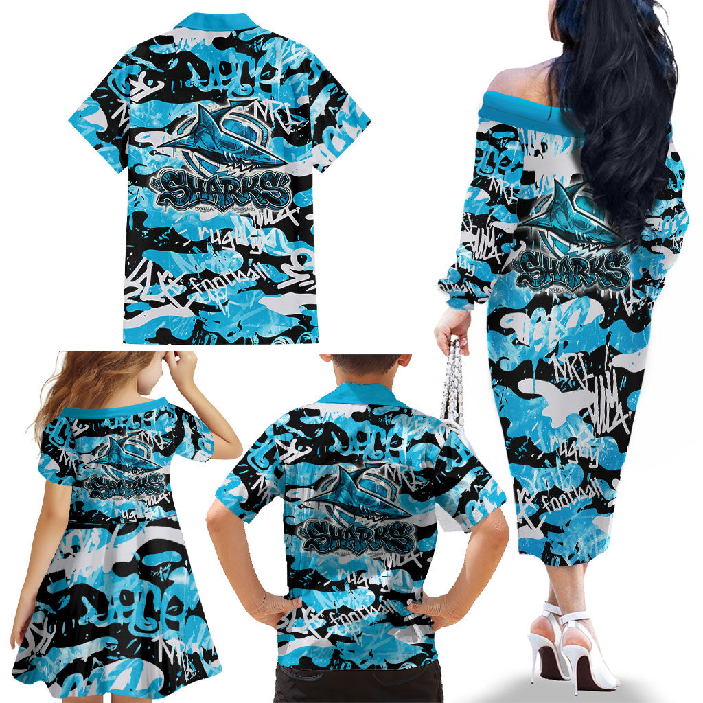 Cronulla-Sutherland Sharks Rugby Family Matching Off The Shoulder Long Sleeve Dress and Hawaiian Shirt Graffiti Typography Urban Camo Abstract Street Style