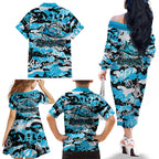 Cronulla-Sutherland Sharks Rugby Family Matching Off The Shoulder Long Sleeve Dress and Hawaiian Shirt Graffiti Typography Urban Camo Abstract Street Style