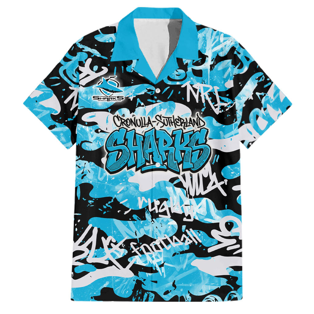 Cronulla-Sutherland Sharks Rugby Family Matching Off The Shoulder Long Sleeve Dress and Hawaiian Shirt Graffiti Typography Urban Camo Abstract Street Style