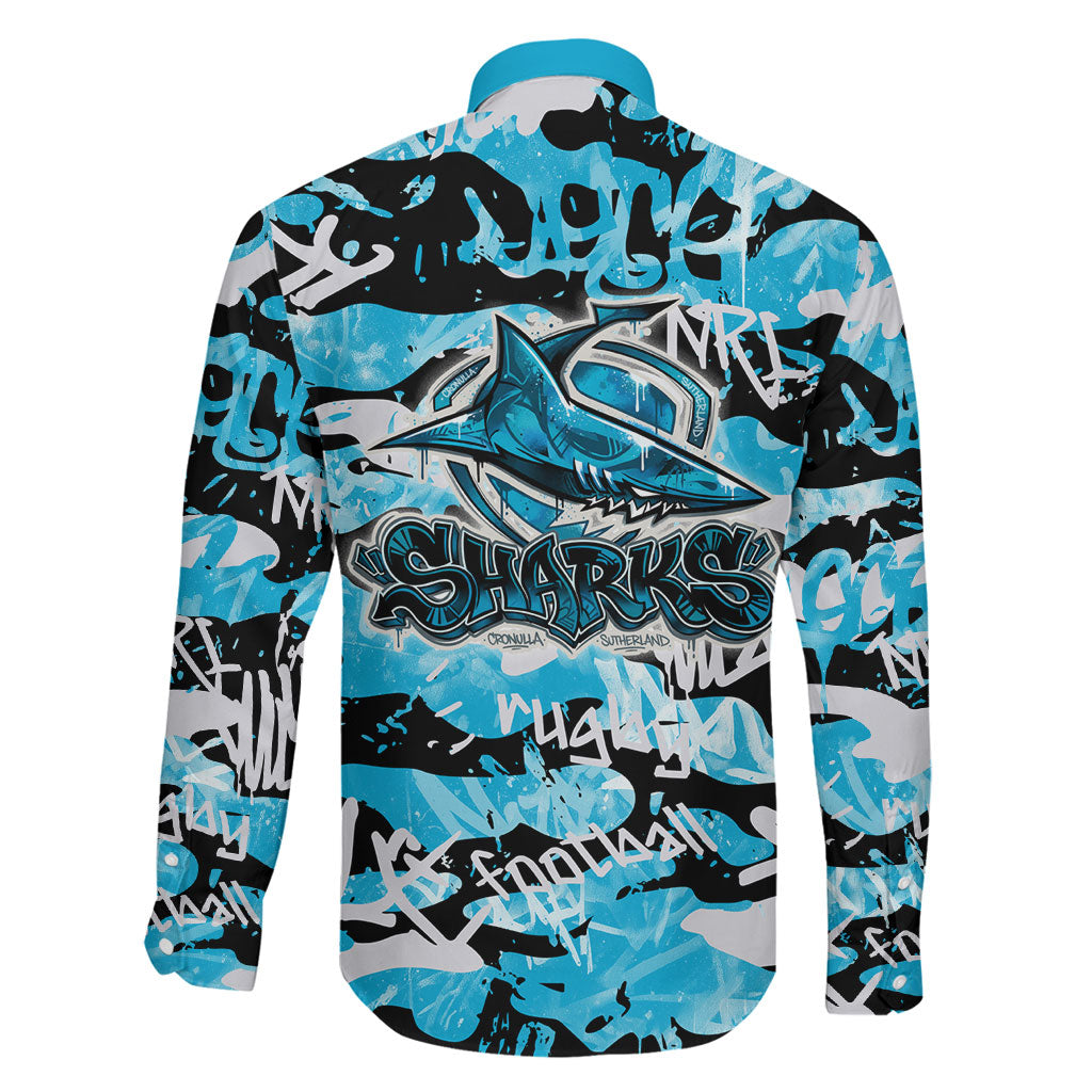 Cronulla-Sutherland Sharks Rugby Family Matching Off The Shoulder Long Sleeve Dress and Hawaiian Shirt Graffiti Typography Urban Camo Abstract Street Style