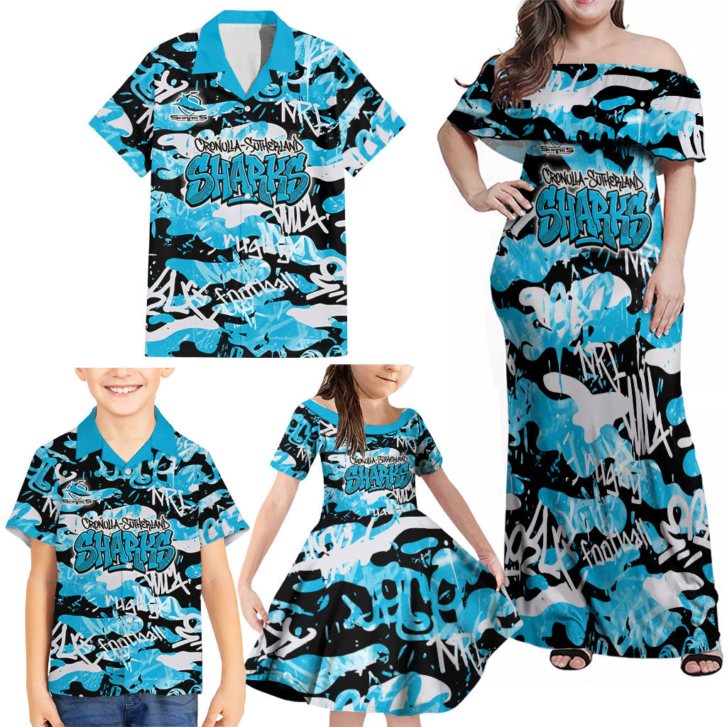 Cronulla-Sutherland Sharks Rugby Family Matching Off Shoulder Maxi Dress and Hawaiian Shirt Graffiti Typography Urban Camo Abstract Street Style