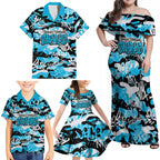 Cronulla-Sutherland Sharks Rugby Family Matching Off Shoulder Maxi Dress and Hawaiian Shirt Graffiti Typography Urban Camo Abstract Street Style