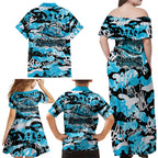 Cronulla-Sutherland Sharks Rugby Family Matching Off Shoulder Maxi Dress and Hawaiian Shirt Graffiti Typography Urban Camo Abstract Street Style