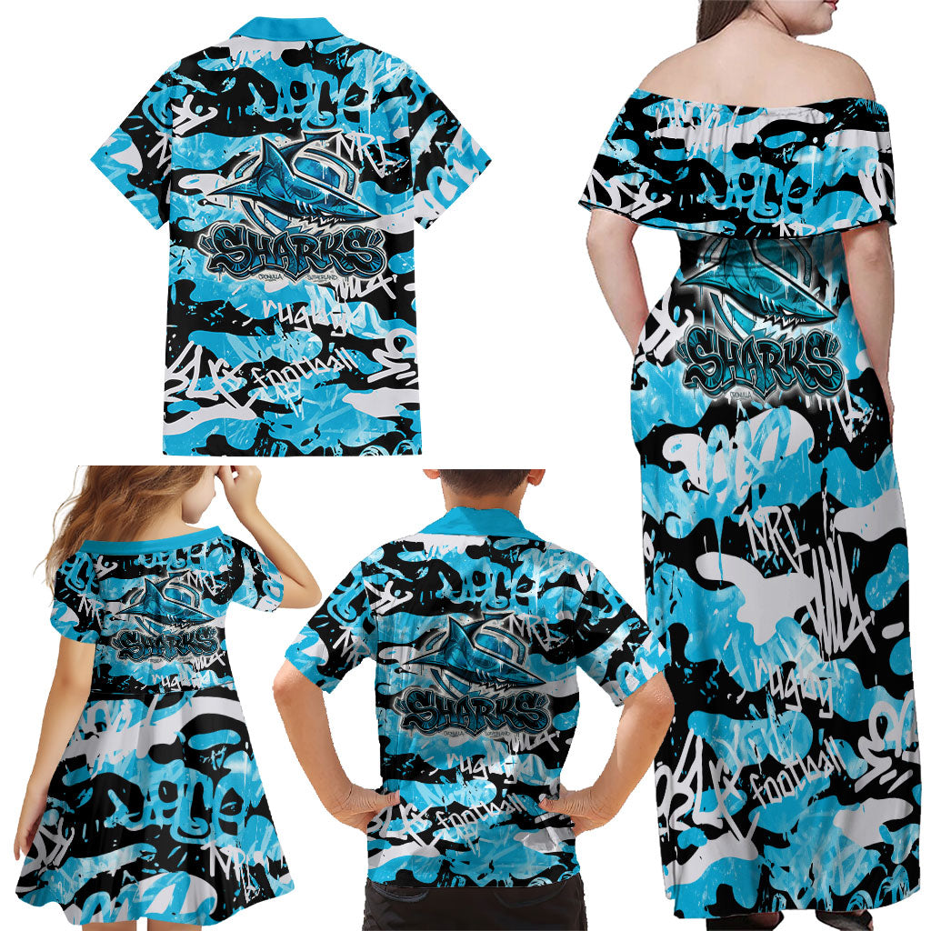 Cronulla-Sutherland Sharks Rugby Family Matching Off Shoulder Maxi Dress and Hawaiian Shirt Graffiti Typography Urban Camo Abstract Street Style