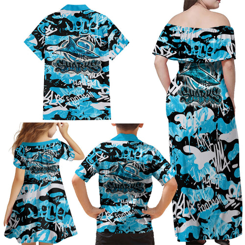Cronulla-Sutherland Sharks Rugby Family Matching Off Shoulder Maxi Dress and Hawaiian Shirt Graffiti Typography Urban Camo Abstract Street Style