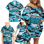 Cronulla-Sutherland Sharks Rugby Family Matching Off Shoulder Short Dress and Hawaiian Shirt Graffiti Typography Urban Camo Abstract Street Style