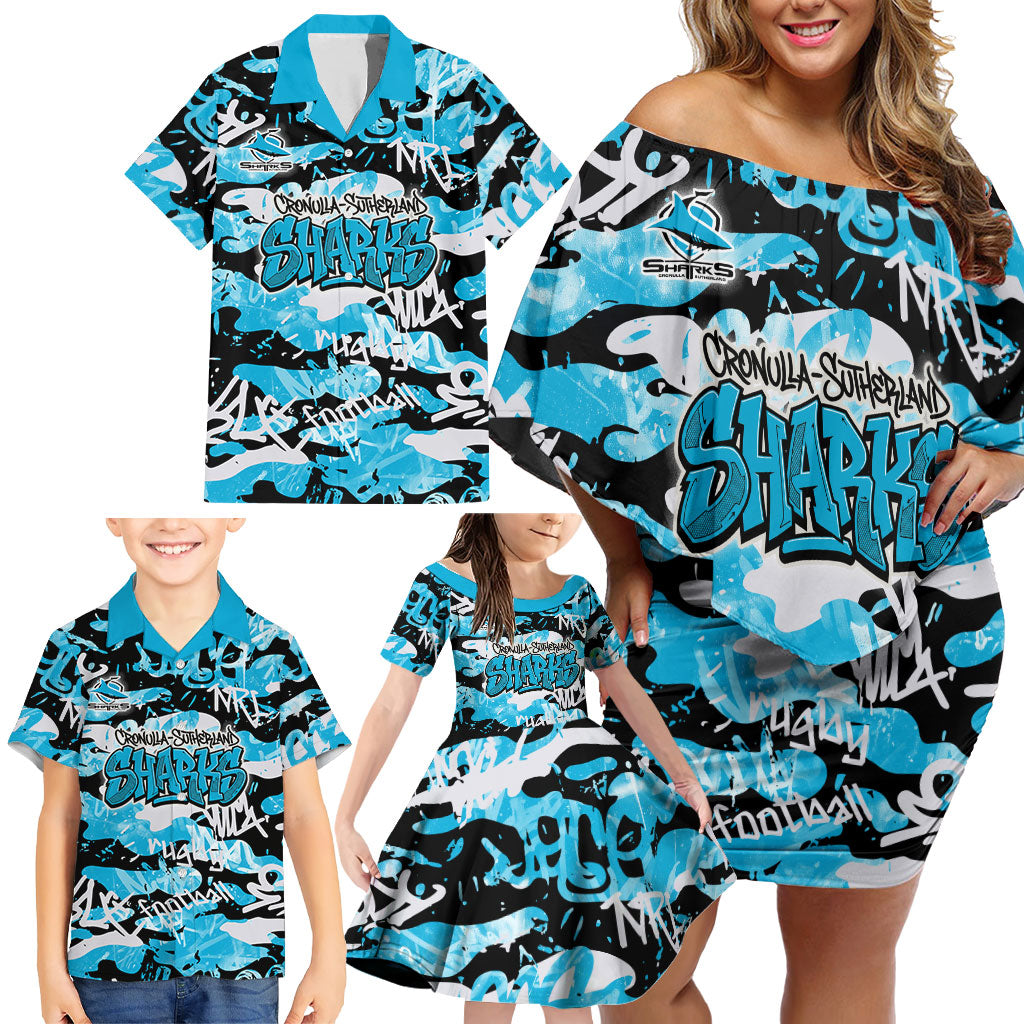 Cronulla-Sutherland Sharks Rugby Family Matching Off Shoulder Short Dress and Hawaiian Shirt Graffiti Typography Urban Camo Abstract Street Style