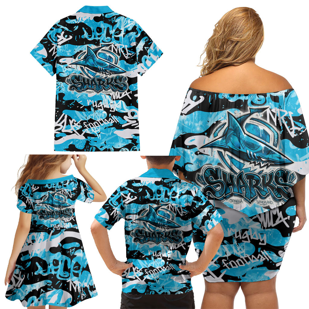 Cronulla-Sutherland Sharks Rugby Family Matching Off Shoulder Short Dress and Hawaiian Shirt Graffiti Typography Urban Camo Abstract Street Style