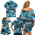 Cronulla-Sutherland Sharks Rugby Family Matching Off Shoulder Short Dress and Hawaiian Shirt Graffiti Typography Urban Camo Abstract Street Style