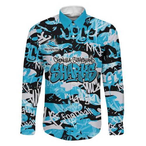 Cronulla-Sutherland Sharks Rugby Family Matching Off Shoulder Short Dress and Hawaiian Shirt Graffiti Typography Urban Camo Abstract Street Style