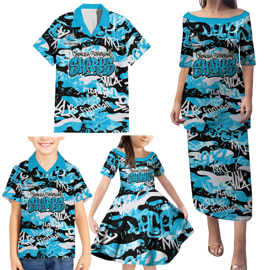 Cronulla-Sutherland Sharks Rugby Family Matching Puletasi and Hawaiian Shirt Graffiti Typography Urban Camo Abstract Street Style