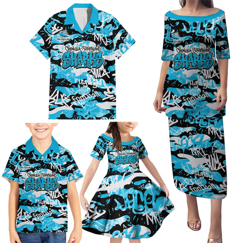 Cronulla-Sutherland Sharks Rugby Family Matching Puletasi and Hawaiian Shirt Graffiti Typography Urban Camo Abstract Street Style