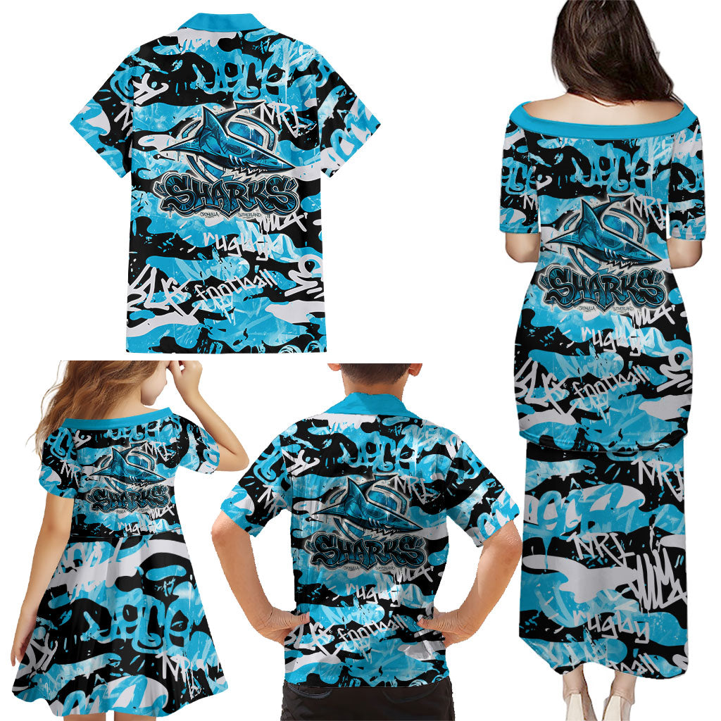 Cronulla-Sutherland Sharks Rugby Family Matching Puletasi and Hawaiian Shirt Graffiti Typography Urban Camo Abstract Street Style