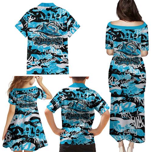 Cronulla-Sutherland Sharks Rugby Family Matching Puletasi and Hawaiian Shirt Graffiti Typography Urban Camo Abstract Street Style