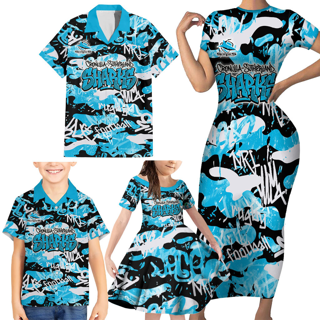 Cronulla-Sutherland Sharks Rugby Family Matching Short Sleeve Bodycon Dress and Hawaiian Shirt Graffiti Typography Urban Camo Abstract Street Style