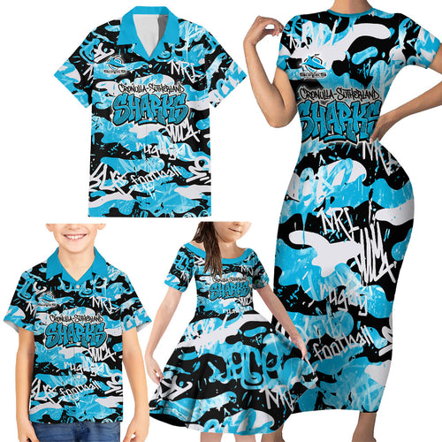Cronulla-Sutherland Sharks Rugby Family Matching Short Sleeve Bodycon Dress and Hawaiian Shirt Graffiti Typography Urban Camo Abstract Street Style