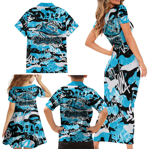 Cronulla-Sutherland Sharks Rugby Family Matching Short Sleeve Bodycon Dress and Hawaiian Shirt Graffiti Typography Urban Camo Abstract Street Style