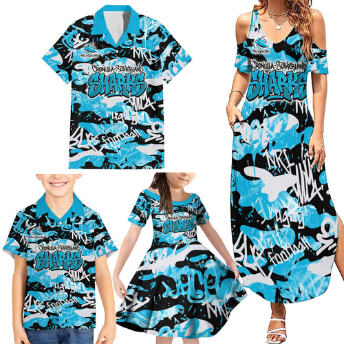 Cronulla-Sutherland Sharks Rugby Family Matching Summer Maxi Dress and Hawaiian Shirt Graffiti Typography Urban Camo Abstract Street Style
