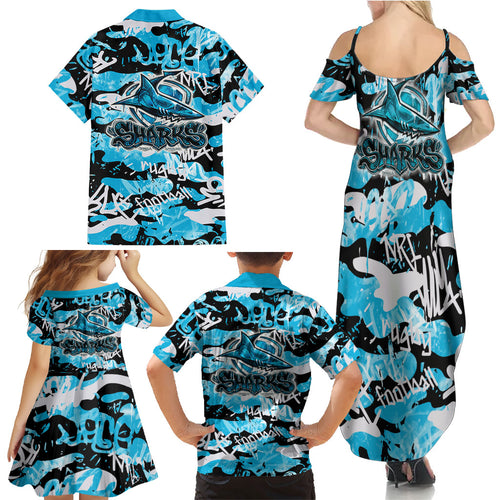 Cronulla-Sutherland Sharks Rugby Family Matching Summer Maxi Dress and Hawaiian Shirt Graffiti Typography Urban Camo Abstract Street Style