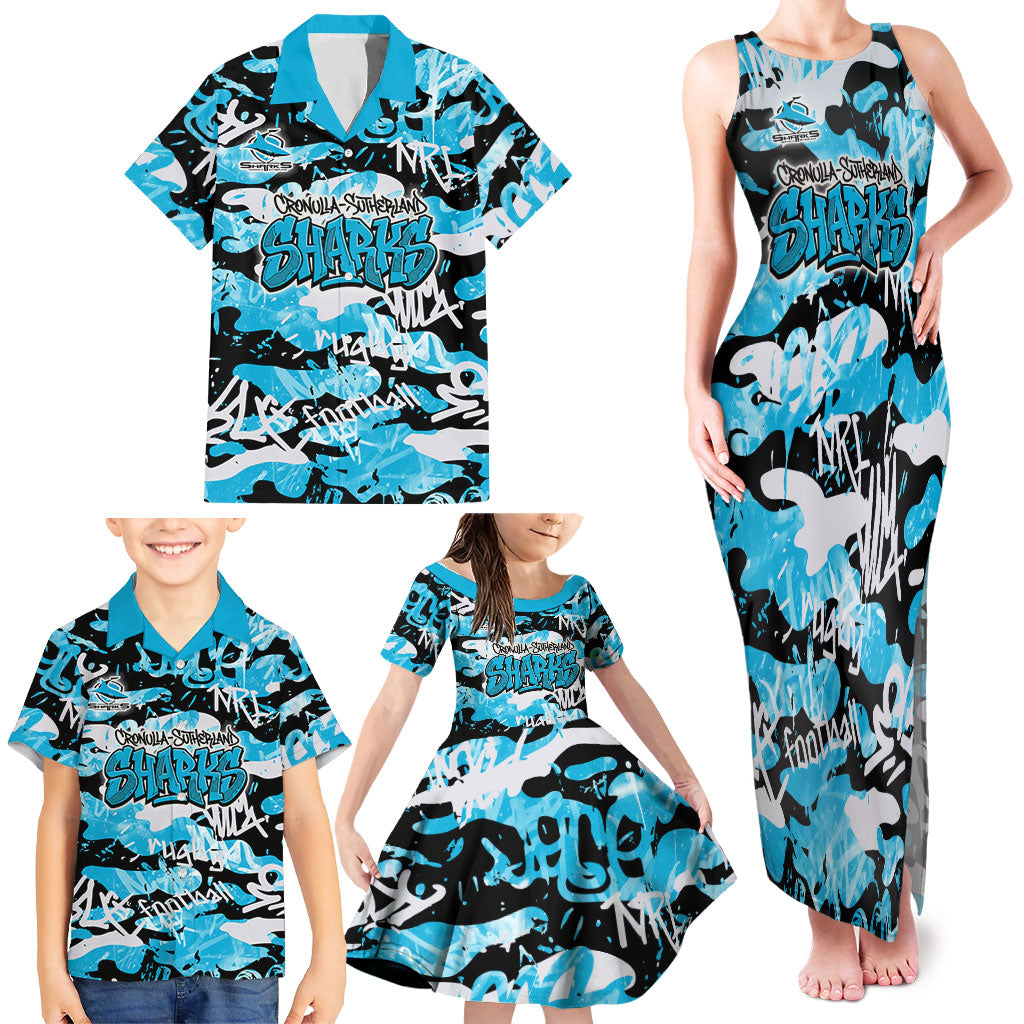 Cronulla-Sutherland Sharks Rugby Family Matching Tank Maxi Dress and Hawaiian Shirt Graffiti Typography Urban Camo Abstract Street Style