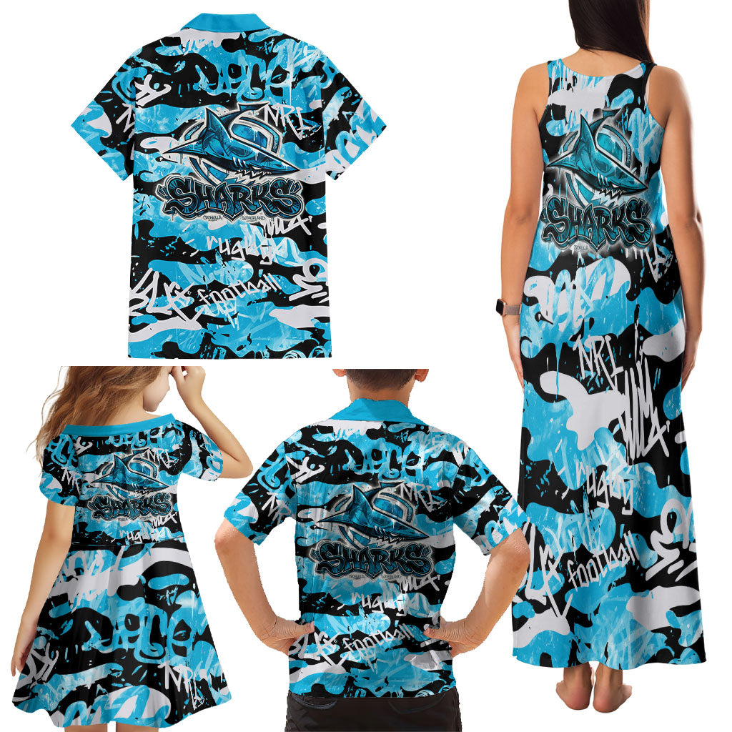 Cronulla-Sutherland Sharks Rugby Family Matching Tank Maxi Dress and Hawaiian Shirt Graffiti Typography Urban Camo Abstract Street Style