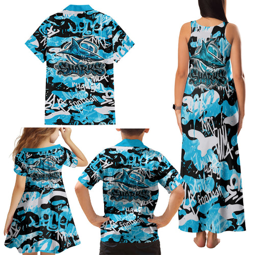 Cronulla-Sutherland Sharks Rugby Family Matching Tank Maxi Dress and Hawaiian Shirt Graffiti Typography Urban Camo Abstract Street Style