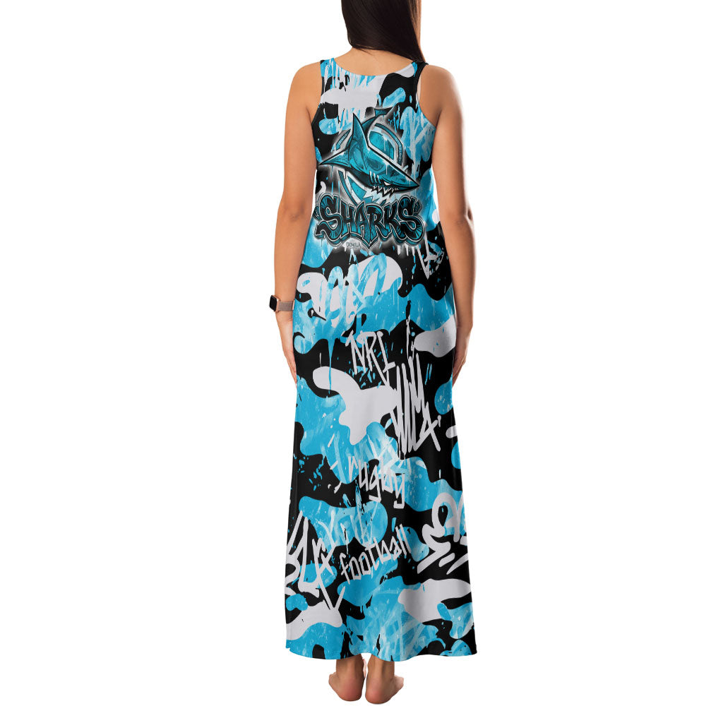 Cronulla-Sutherland Sharks Rugby Family Matching Tank Maxi Dress and Hawaiian Shirt Graffiti Typography Urban Camo Abstract Street Style