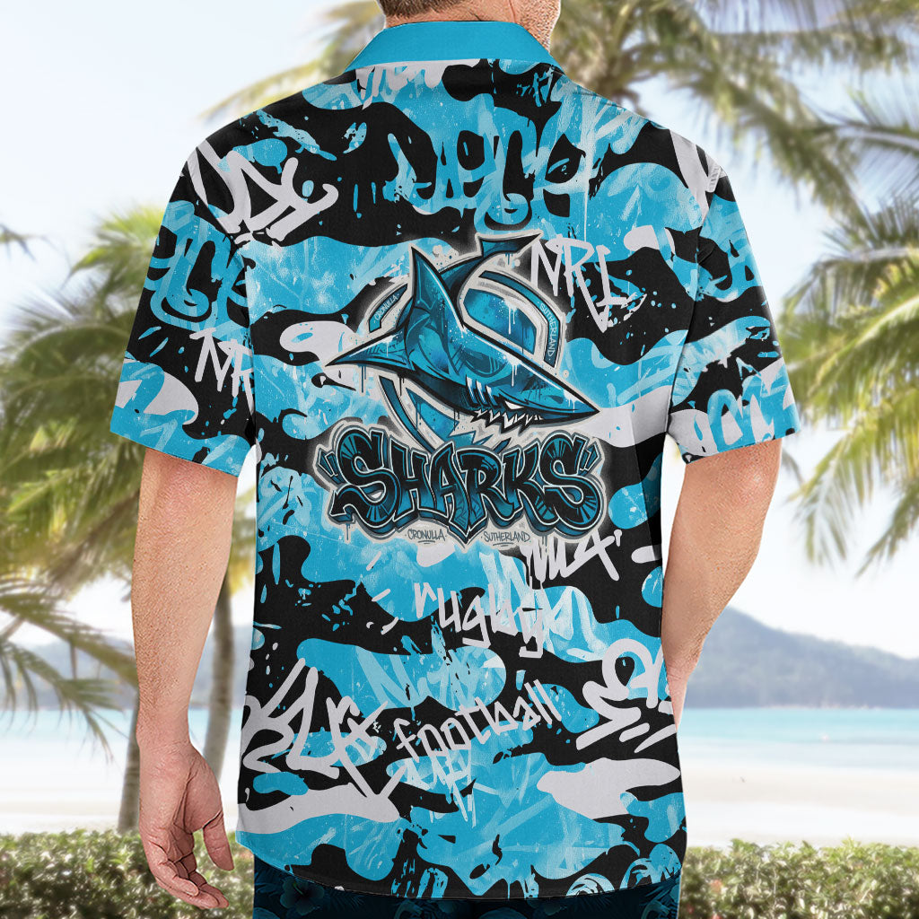 Cronulla-Sutherland Sharks Rugby Hawaiian Shirt Graffiti Typography Urban Camo Abstract Street Style