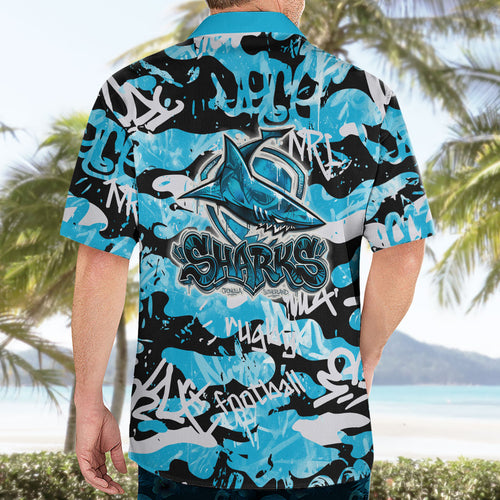 Cronulla-Sutherland Sharks Rugby Hawaiian Shirt Graffiti Typography Urban Camo Abstract Street Style