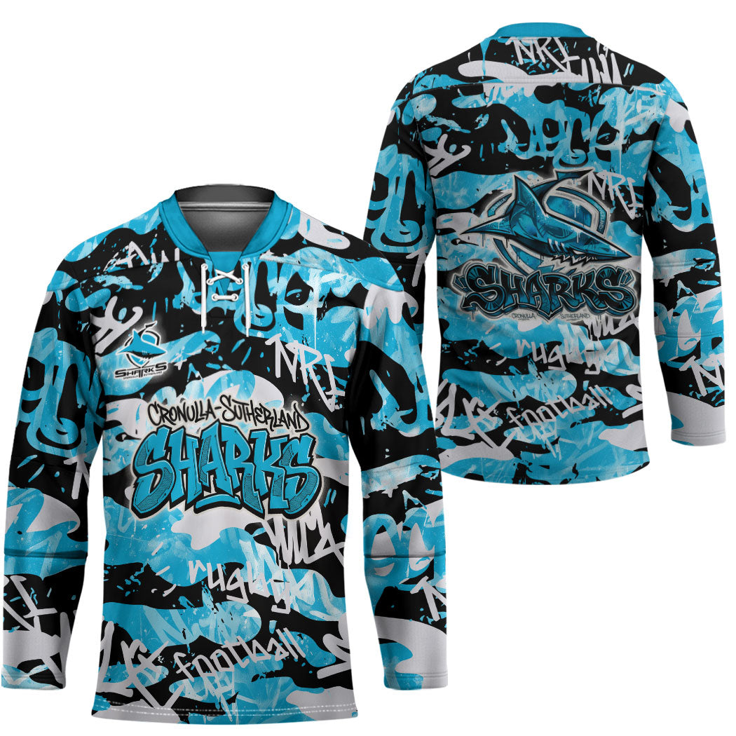 Cronulla-Sutherland Sharks Rugby Hockey Jersey Graffiti Typography Urban Camo Abstract Street Style